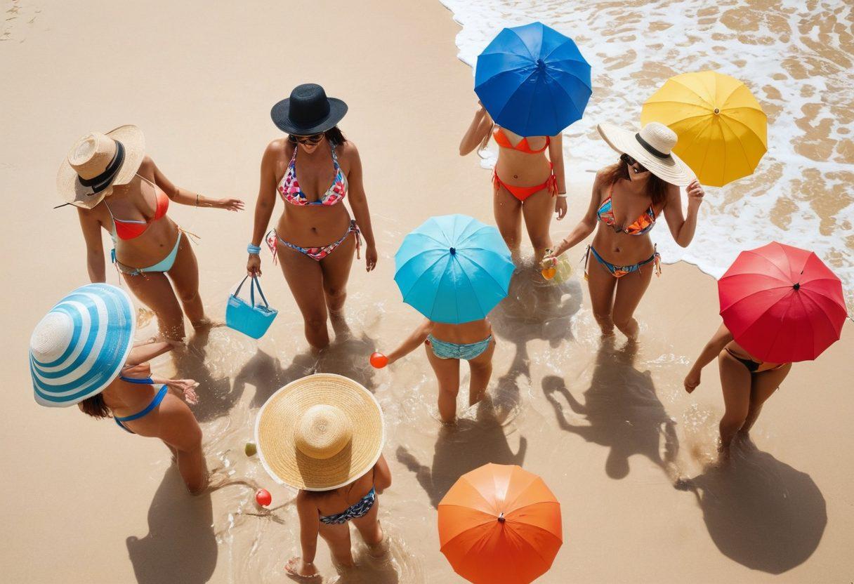 A vibrant beach scene featuring a diverse group of individuals showcasing the latest bikini trends in various styles and colors, with sun hats and sunglasses. Include sparkling blue water and golden sand, with beach balls and umbrellas enhancing the summer vibe. Capture joy and confidence as they smile and interact, reflecting bodies of all shapes and sizes. Bright and inviting atmosphere. super-realistic. vibrant colors. white background.