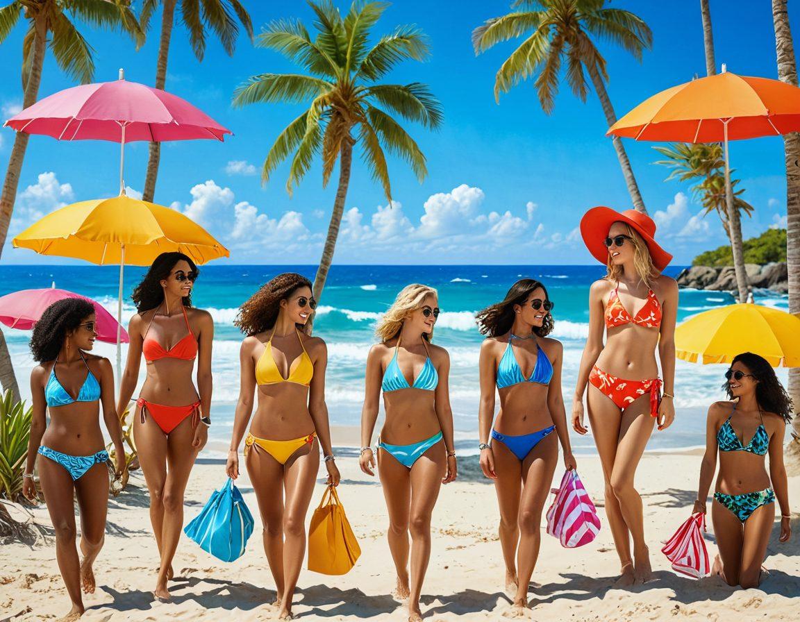 A vibrant beach scene featuring a diverse group of fashionable women showcasing various summer swimwear, including high-waisted bikinis and halter neck designs. The background includes palm trees, clear blue skies, and inviting waves, with sun umbrellas and beach towels scattered around. Bright tropical colors dominate the scene, emphasizing the fun and carefree nature of summer. super-realistic. vibrant colors.