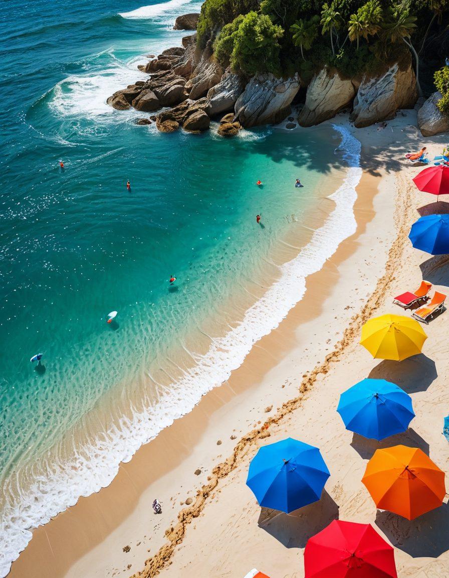 A sun-kissed beach scene showcasing stylish beachwear and accessories on a vibrant sandy shore. Include diverse models wearing chic swimsuits, sarongs, and wide-brimmed hats, with colorful beach umbrellas and seashells scattered around. Add a refreshing ocean backdrop with playful waves and a bright blue sky. Capture a sense of luxury and relaxation, inviting the viewer into a fashionable beach lifestyle. super-realistic. vibrant colors. sunny background.